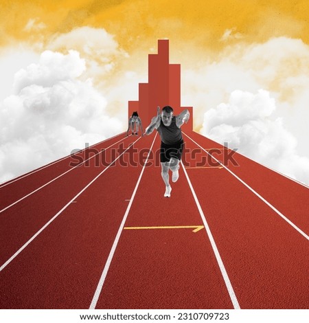Competitive young man and woman running at stadium during marathon over abstract background. Championship. Contemporary art collage. Concept of sport, lifestyle, creativity, inspiration, retro style