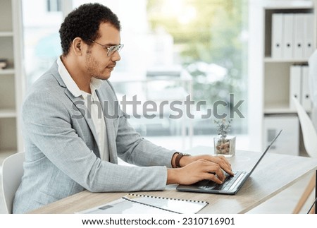 Laptop, typing and business man planning, copywriting and article, newsletter or blog research for online career or company. Editor, web writer or professional person working or editing on computer