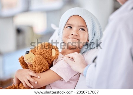 Cancer patient, child and doctor with support, healthcare service and hand for empathy, love and healing in hospital bed. Happy, sick girl or kid listening to pediatrician or medical person helping Royalty-Free Stock Photo #2310717087