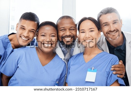 Medical, portrait of doctors and happy together at hospital or clinic with smile. Diversity, medical team for healthcare and excited or cheerful group of nurse or surgeons smiling for health wellness