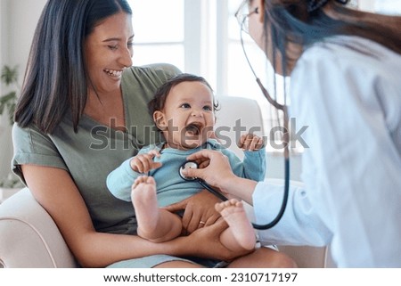 Mother, baby and stethoscope of pediatrician for healthcare consulting, check lungs and breathing for heartbeat. Doctor, happy infant kid and chest assessment in clinic, hospital and medical analysis Royalty-Free Stock Photo #2310717197