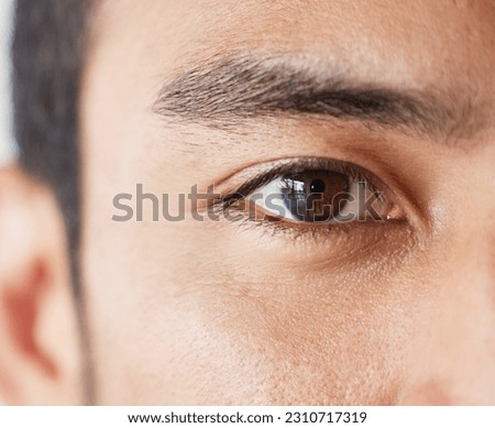 Vision, eye and portrait of man closeup, thinking and ideas for startup business with focus and commitment. Motivation, dedication and zoom on eyes of young businessman with calm expression and idea. Royalty-Free Stock Photo #2310717319