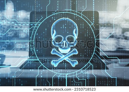 Hacking attack and ransomware creative concept with blue skull and bones virtual hologram on modern laptop and desk background, double exposure