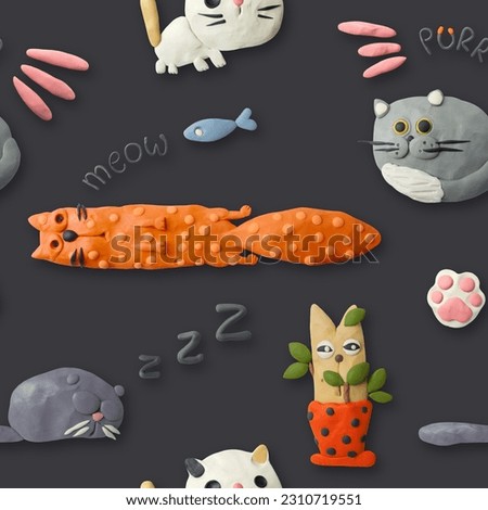 Handmade cartoon cats on dark background. Seamless modeling clay pattern.