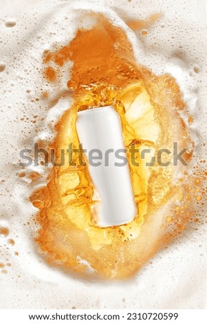 Can bottle of lager beer diving into foamy beer splashes. Cool, chill drink, refreshment. Drink aesthetics. Concept of alcohol drink, taste, vacation, holiday, brewery. Advertisement