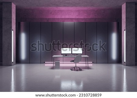 Abstract pink interior with workplace and two empty white mock up computer monitors, reflections on floor. Hackers workspace concept. 3D Rendering