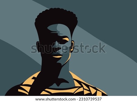 Beautiful black man portrait in vector style, abstract decoration with contrast colors