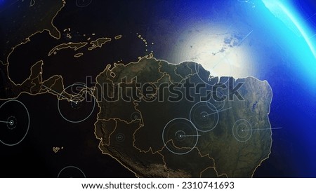 Abstract Tech Earth Globalization in 3d Illustration. South America map. Concept Transmit Ai Networking. Transfer 5g Web Communications Signal on Worldwide. Global Business Dots on Blue Planet Royalty-Free Stock Photo #2310741693