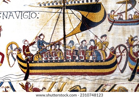 Bayeux tapestry, bayeux, normandy, france. created 11th century right after battle of hastings 1066 ad showing norman conquest. norman invasion ship Royalty-Free Stock Photo #2310748123