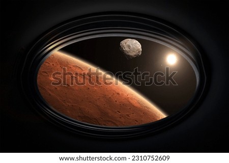 View from porthole of a spaceship to Mars with its moon Phobos. Phobos is the natural satellite of Mars. Expedition and colonization of Mars. Science fiction wallpaper. Elements furnished by NASA. Royalty-Free Stock Photo #2310752609