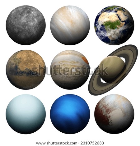 Solar system planets isolated on white for ease of use and integration into your design. Mercury, Venus, Earth, Mars, Jupiter, Saturn, Uranus, Neptune, Pluto. Elements of this image furnished by NASA.