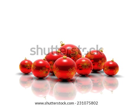 Red 3D spheres  - newyear or christmas decoration, with golden ornament, isolated on white.