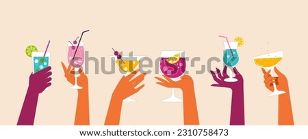 Modern flat summer party poster design template. Colorful background with hands holding cocktail glasses. Celebration poster concept and web banner. Vector illustration. Royalty-Free Stock Photo #2310758473