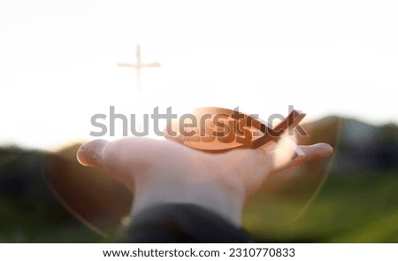 Bright light new year sunrise and christian symbol fish shape ichthys and jesus and church cross
