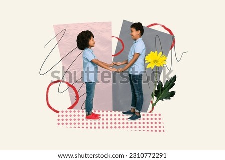 Collage picture of two cheerful small kids hold arms look each other big fresh flower isolated on painted background