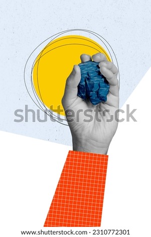 Vertical collage of black white colors human arm fist hold crumpled water paper painted sun isolated on creative background