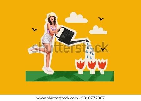 Creative drawing picture template collage of happy lady enjoying sunny summer day watering garden hobby on fresh air