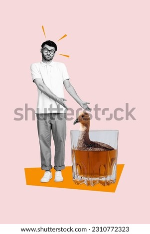 Collage image artwork of young guy misunderstanding confused hands demonstrate his cognac glass swimming bird isolated on beige background
