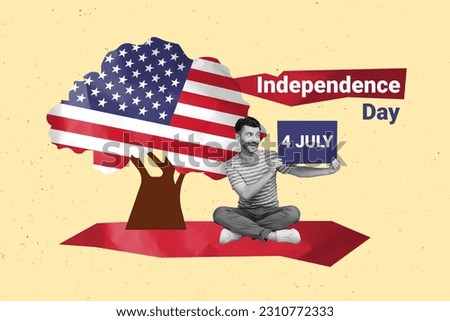 Collage picture of black white colors guy sit arms hold 4 july independence day placard tree american flag colors isolated on beige background