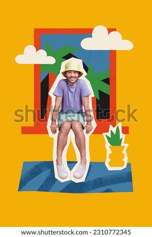 Drawing painting image collage template of happy guy tourist sitting window sill in 5 stars hotel room with view on beach palm tree
