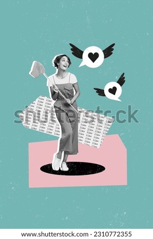Banner collage poster of excited lady hunter with bug net follow flying social media likes