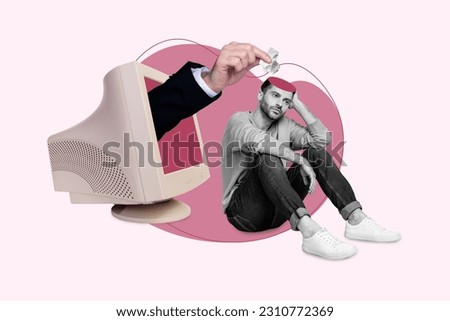 Funny collage illustration metaphor of frustrated depressed man head trash brainwash overworked monitor pc isolated on pink background