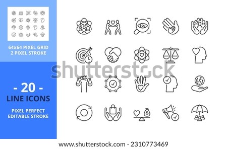 Line icons about corporate social responsibility. Contains such icons as core values, transparency, impact, ethical business and trust.. Editable stroke. Vector - 64 pixel perfect grid Royalty-Free Stock Photo #2310773469