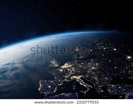 
Planet Earth from the space at night. Europe at night viewed from space with city lights in Germany, France, Spain, Italy, Portugal, Turkey, UK and other countries. Elements furnished by NASA. Royalty-Free Stock Photo #2310779555