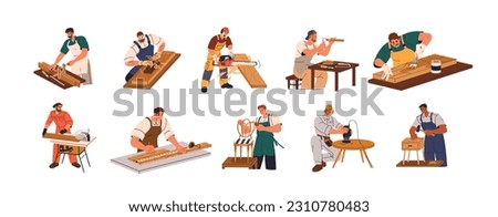 Woodwork, carpentry set. Carpenters, joiners work with wood, timber, carving, processing, sawing, making wooden furniture with tools. Flat graphic vector illustrations isolated on white background Royalty-Free Stock Photo #2310780483