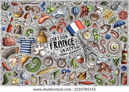 Cartoon vector doodle set of France traditional symbols, items and objects