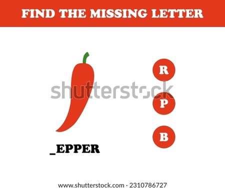 Find the missing letter worksheet for kids, pepper, vector. Pepper, inscription pepper with a missing letter.