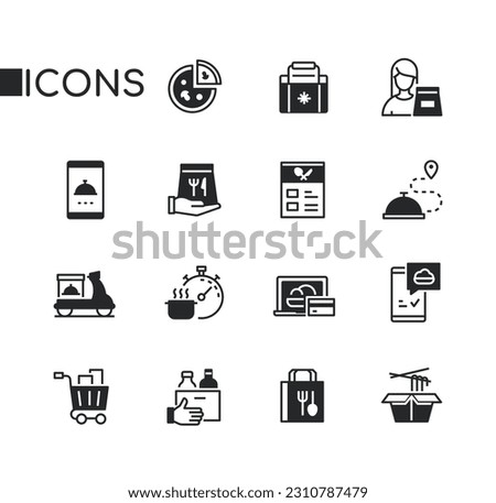 Food to go and delivery - set of line design style icons isolated on white background. High quality images of pizza, restaurant app, menu, grocery cart, cook dish, courier and online order idea
