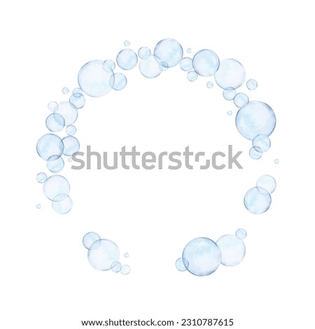 Watercolor drawn round frame from different size blue air bubbles on white background. Transparent realistic picture of spheres for card, photos, illustration, stickers, logo, textile printing, banner