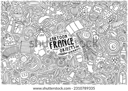 Cartoon vector doodle set of France traditional symbols, items and objects