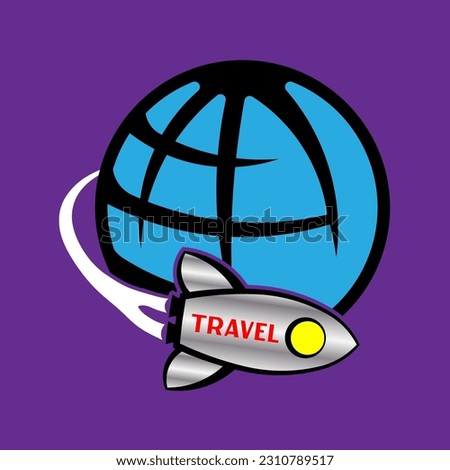 A Simple Image Of A Rocket That Says TRAVEL Taking Off From Earth. Travel Around The Globe