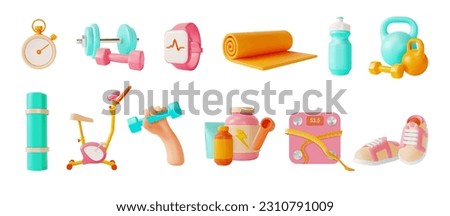 3d Health and Fitness Concept Cartoon Style Elements Include of Stopwatch and Hand Holding Dumbbell. Vector illustration