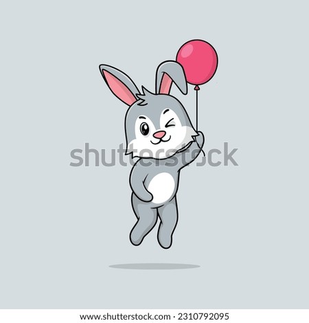 Vector cute baby rabbit cartoon floating holding ballon icon illustration. Flat bear vector illustration, flat icon sticker isolated.