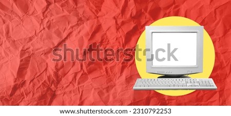 Creative collages of ads and applications use old computers to messenger Internet communication isolated on a red background. The concept of technology.