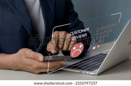Customer Experience dissatisfied Concept, sadness emotion face on online Unhappy man customer giving survey, Bad review, bad service dislike bad quality, low rating, social media not good.
 Royalty-Free Stock Photo #2310797237