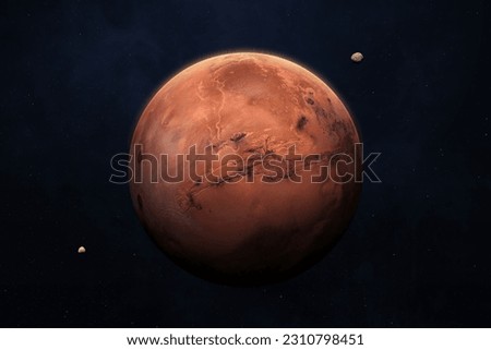 Mars, Phobos and Deimos. Planet Mars in the starry sky of solar system. Mars is a red planet of the solar system. High resolution image. Elements of this image furnished by NASA. Royalty-Free Stock Photo #2310798451