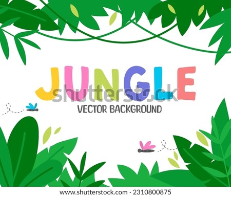 Cartoon jungle background. Tropical vector background with green leaves, palm silhouettes. Jurassic forest colorful flat style scenery template for banner, invitation, card. Wild nature illustration Royalty-Free Stock Photo #2310800875