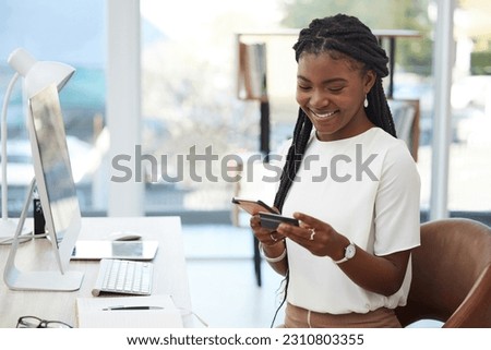 Phone, online shopping and a business black woman in an office using her credit card for a banking payment. Accounting, ecommerce and fintech with a female employee in the workplace as a customer