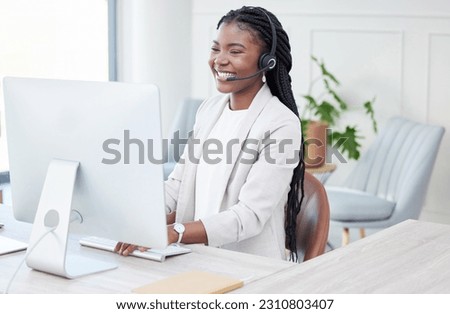 Customer service, woman with headset and computer at her desk in her modern workplace. Telemarketing or call center, online communication or crm and black female person at her workstation for support