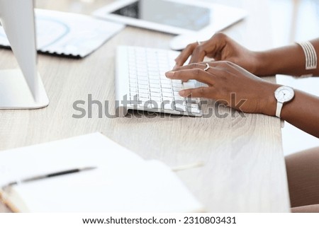 Computer, keyboard and business woman hands typing, copywriting and research for newsletter, blog or article. Writer, editor or person working, editing or planning online, website management and desk