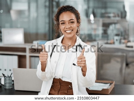 Doctor, woman and thumbs up portrait with healthcare and hospital success at clinic. Thank you, medical and professional with a smile from agreement, emoji and yes motivation hand sign from wellness