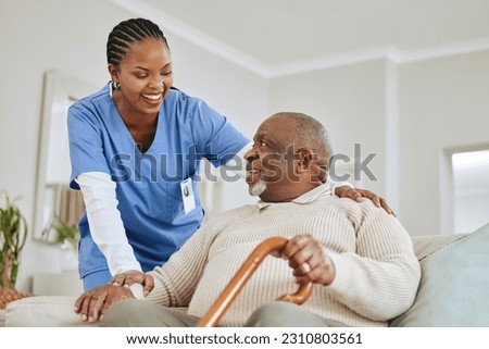 Caregiver, nurse or senior black man on a couch, retirement or help with healthcare or walking stick. Male person with a disability, patient or medical professional with support, recovery or healing Royalty-Free Stock Photo #2310803561