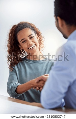 Interview, success and business people with handshake in office for welcome, thank you or onboarding. Smile, hiring and lady HR shaking hands with man employee in recruitment, deal or congratulations Royalty-Free Stock Photo #2310803747