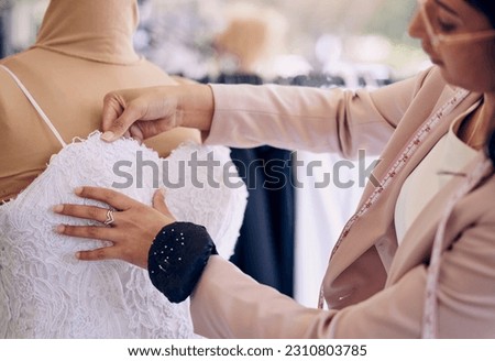 Fashion, designer and wedding dress with woman in store for creative, planning and fabric. Clothes, tailor and sewing with female employee and mannequin for small business, boutique and manufacturing