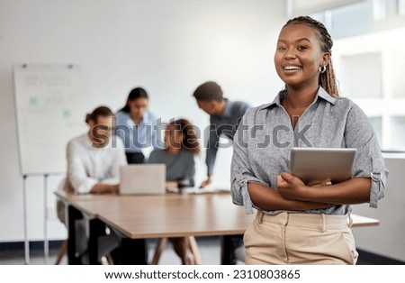 Smile, boardroom and portrait of a black woman with a tablet for training, meeting or teamwork. Happy, business and a corporate employee with technology in a work office for company planning Royalty-Free Stock Photo #2310803865