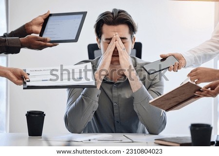 Man, business and employee with stress, multitasking or chaos with crisis, deadline or schedule. Male person, consultant or agent with depression, anxiety or mistake with documents, audit or pressure Royalty-Free Stock Photo #2310804023
